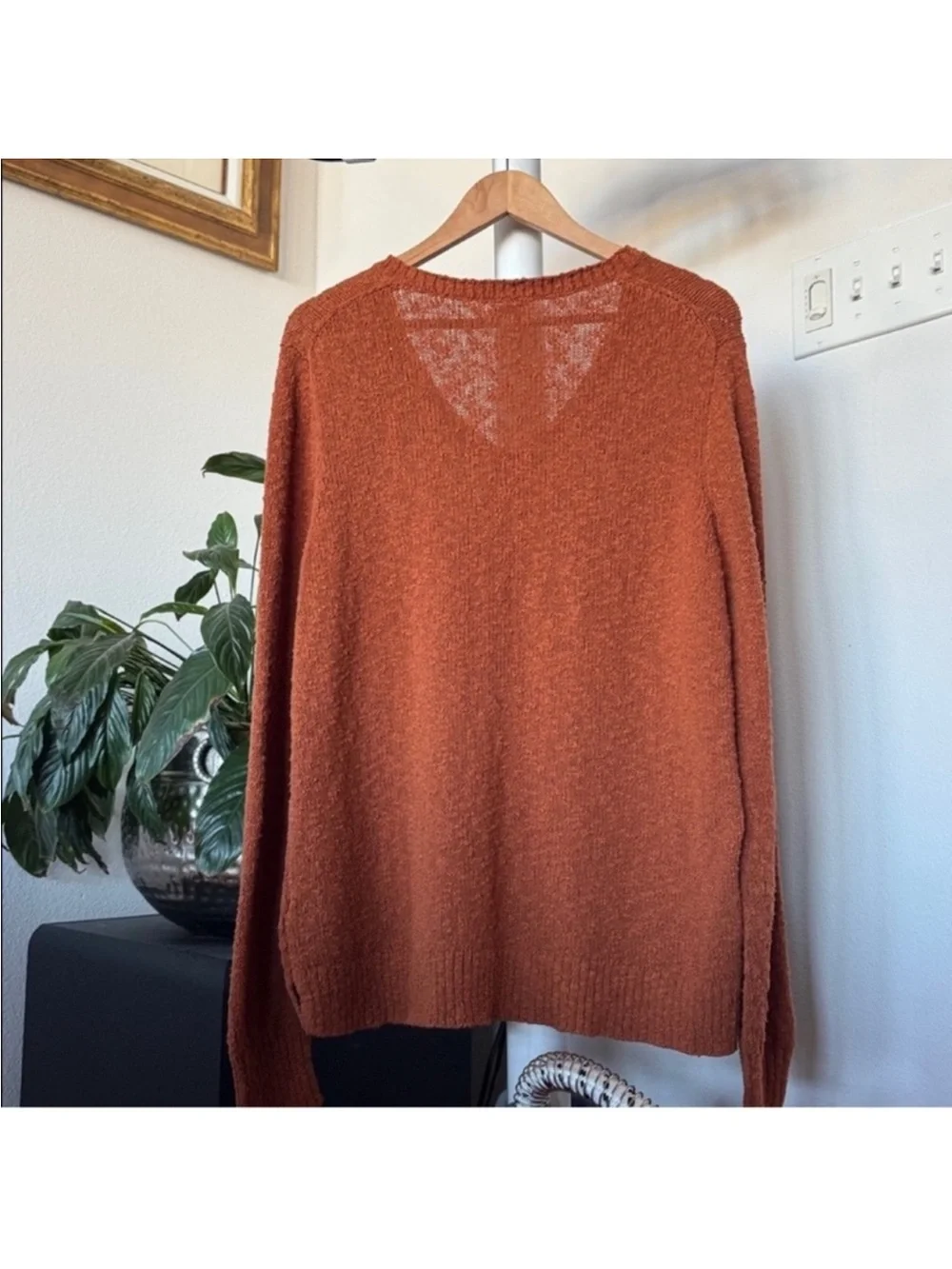 J Crew Brown Copper Knit V Neck Sweater Sz L side slits